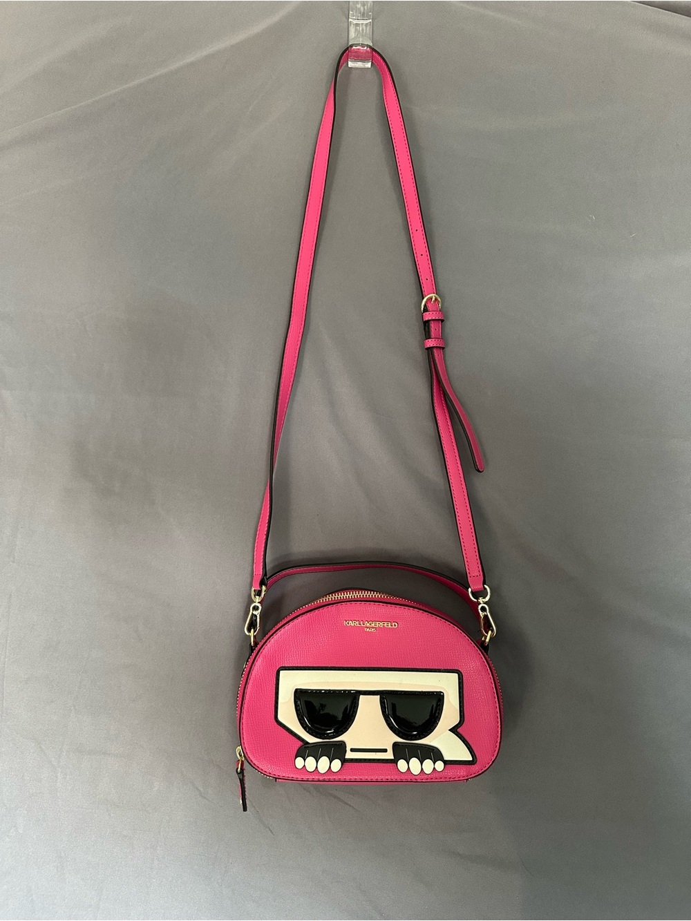 Karl Lagerfeld Hot Pink Leather Crossbody with Character Face Appliqué